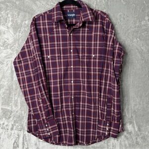 Wrangler Western Shirt Mens Large L Maroon Plaid‎  Pearl Snap Long Sleeve Cowboy